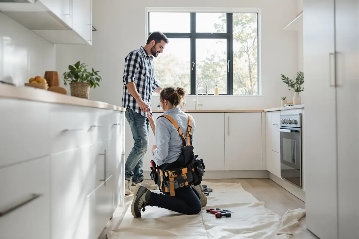 An electrician installing a power point in a renovated kitchen while talking with the homeowner